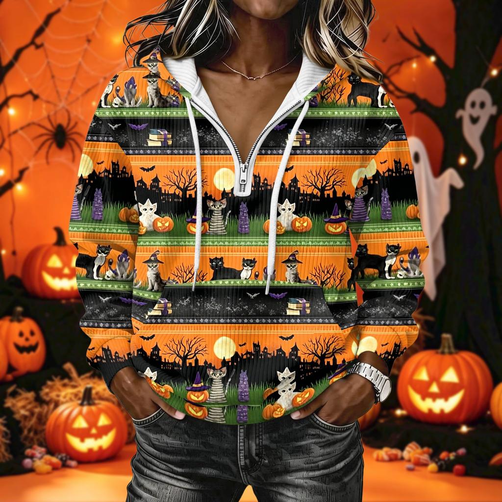 Women's Halloween Print Pullover Hoodie Long Sleeve with