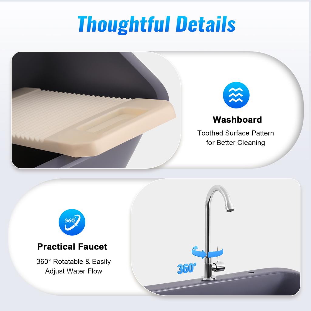Freestanding Utility Sink with Faucet, 48L Large Laundry Sink, Grey/Black PP Basin for Laundry Room, Garage, Kitchen