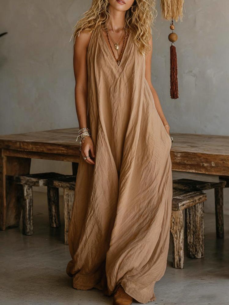 Abito Boho Americano-Europeo Senza Maniche con Scollo all'Americana in Cotone e Lino con Tasche