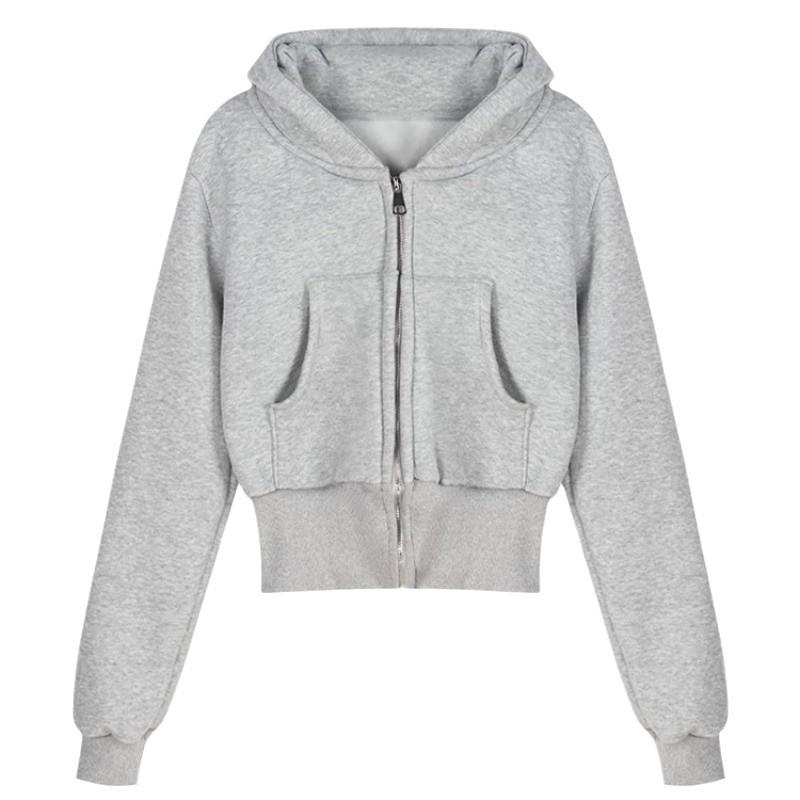 Women American Style Gray Hooded Sweatshirt Jacket Early Autumn New Style Solid Color Versatile Fashion Zipper Short Top