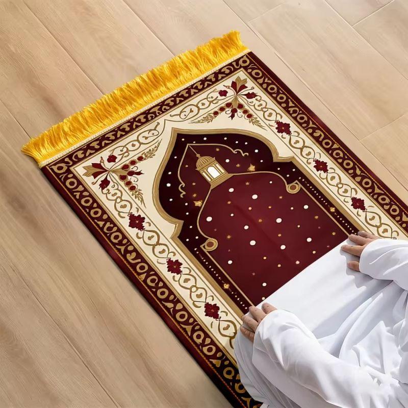 Muslim Prayer Mat Wine Red Floral Mosque Print Tassel Sejadah Foldable Portable Worship Rug Ramadan Eid Home Carpet