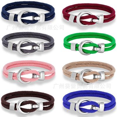 Titanium Steel Woven Leather Rope Bracelet Men'S And Women'S Personalized Double Rope O-Type Stainless Steel Buckle Bracelet
