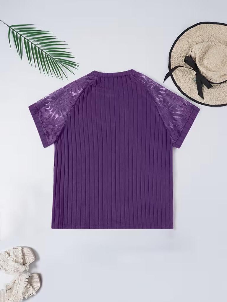 Frühling/Sommer 2026 Damen Übergröße V-Ausschnitt Spitzen-Patchwork Kurzarm-Top