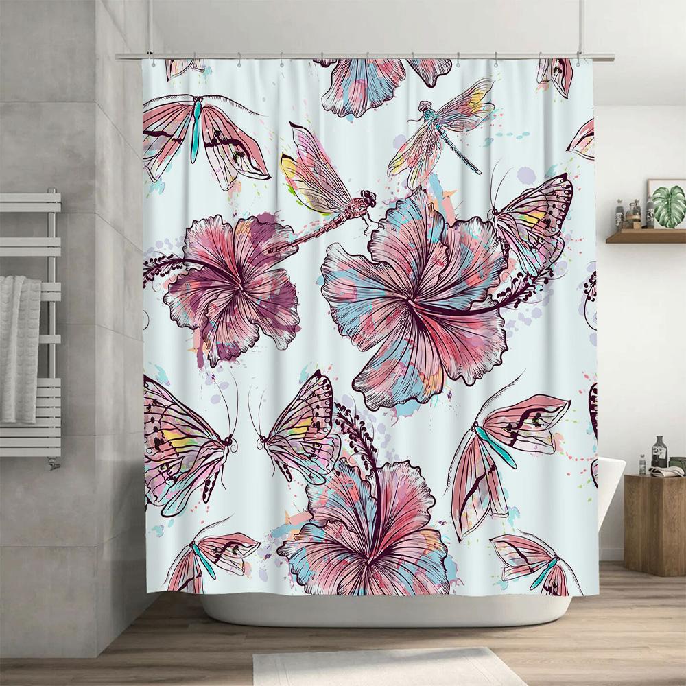 Pink Flower Butterfly Shower Curtain Bath Decor Bathroom Accessories Set for Home Decoration (60x72)