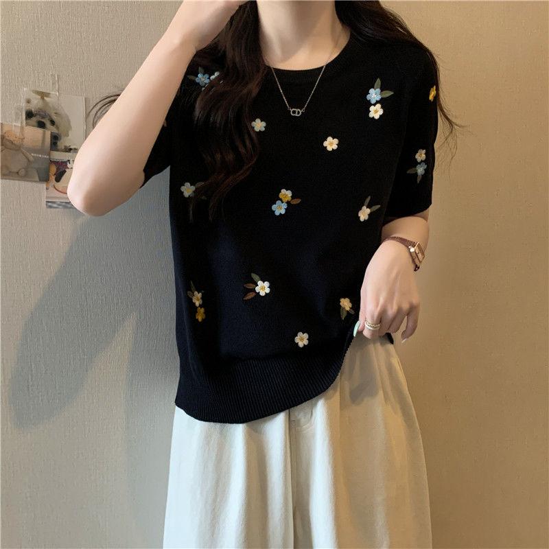 Ice Silk Slimming Temperament Top Women's Design Sense Knitted Shirt Summer Shoulder Short Sleeved T-shirt
