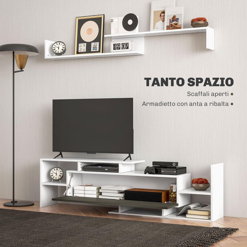 TV Cabinet with Wall Shelf, Open Shelves and Cabinet In Wood, White and Black
