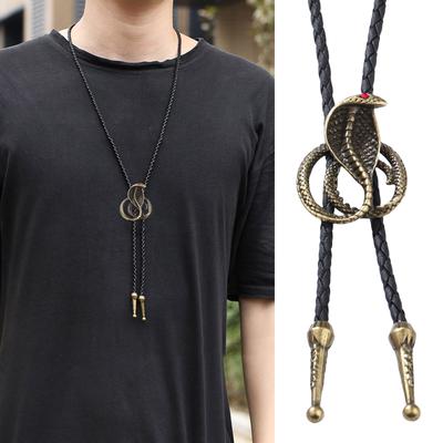 Unisex Bolo Tie Punk Necktie Handmade Vintage Metal Cobras Snake Pendant Braided Faux Leather Rope Western Necklace