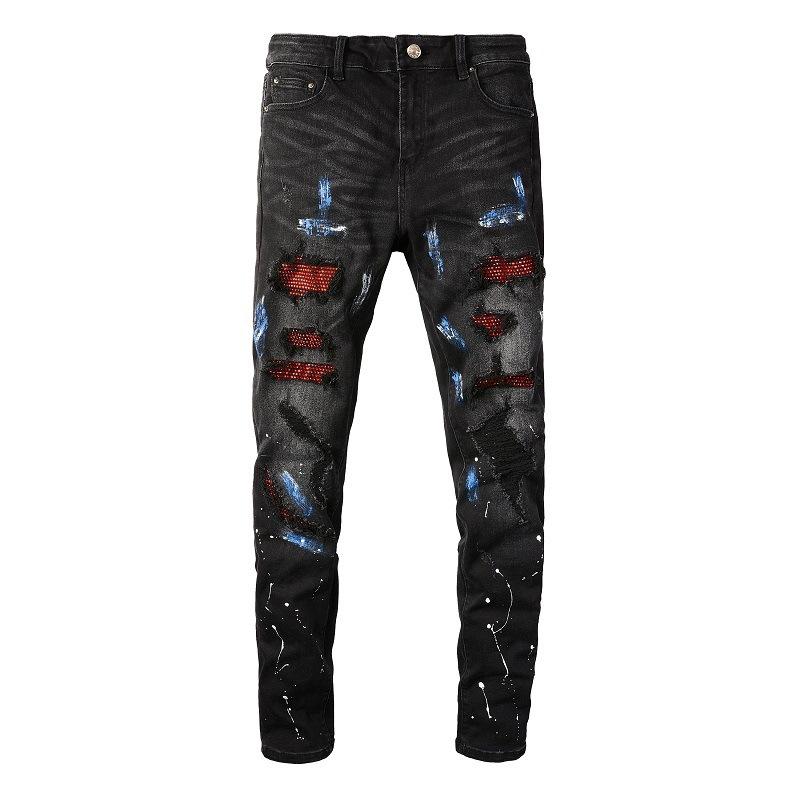 Unisex Vintage Crystal Stretch Denim Skinny Jeans Painted Holes Ripped Tapered Pants Men Streetwear Patchwork Black Trousers