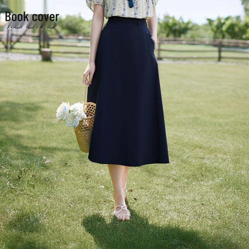 Xiangying Women s Navy Blue A-line High-Waist Midi Skirt L