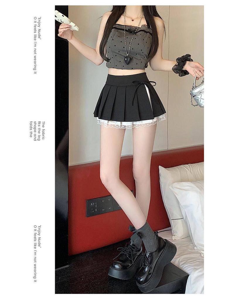 Sweet Pleated A-Line Mini Skirt with Lace Patchwork, High-Waisted and Anti-Exposure, 2025 Summer Collection