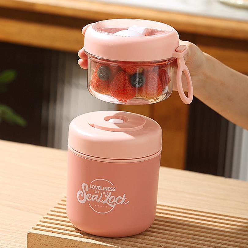 Podwójna Warstwa Ze Stali Nierdzewnej Kubek na Sałatkę z Łyżką Miska na Śniadanie Owsianka Mleko Owocowa Sałatka Przenośny Lunchbox dla Pracowników Biurowych Studentów