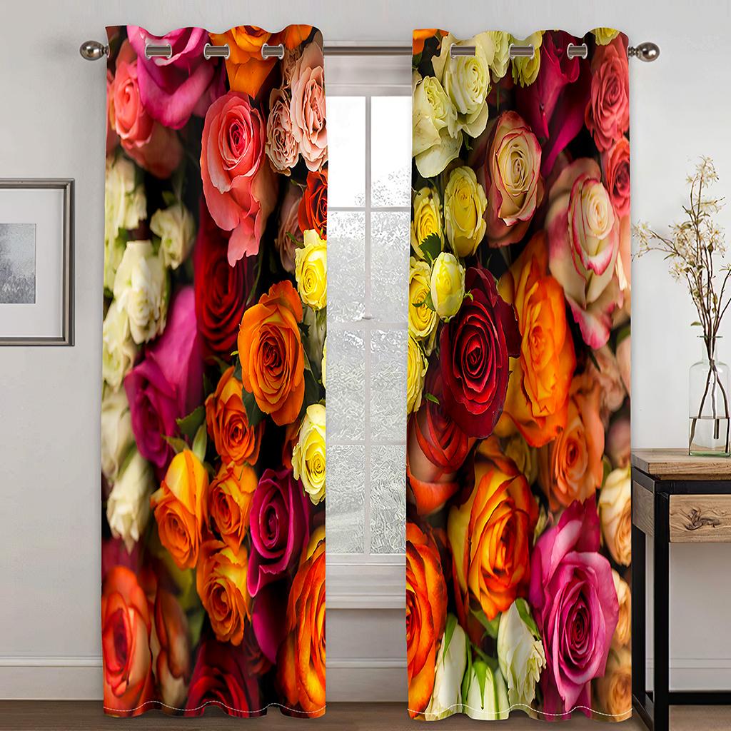 3D Digital Printing Rose Living Room Window Curtain With Hooks Vintage Colorful Rainbow Rose Flowers Floral Art Curtains