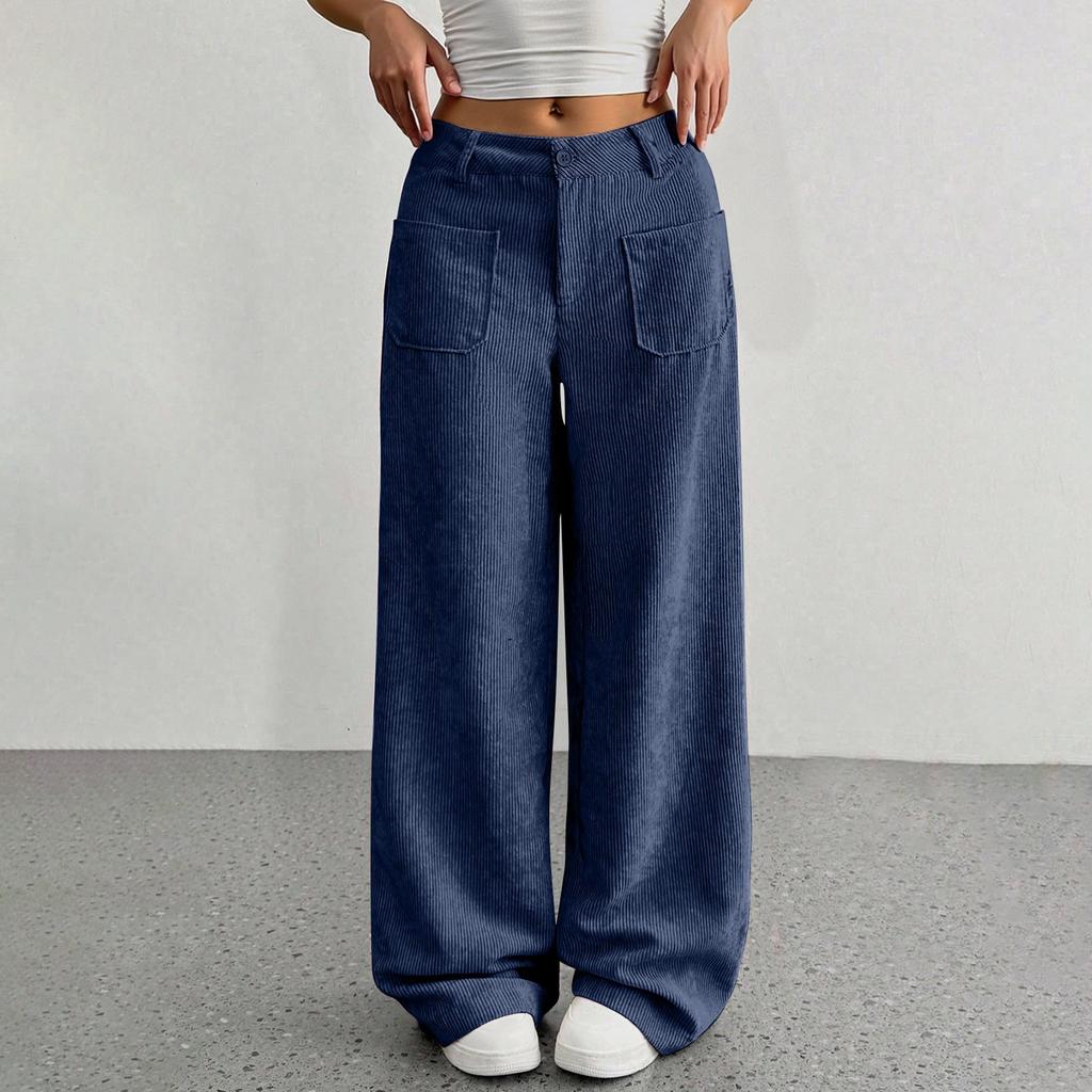 Corduroy Pants For Women Casual  Elastic Waist Straight Leg Pants Loose Comfy Trousers With Pockets