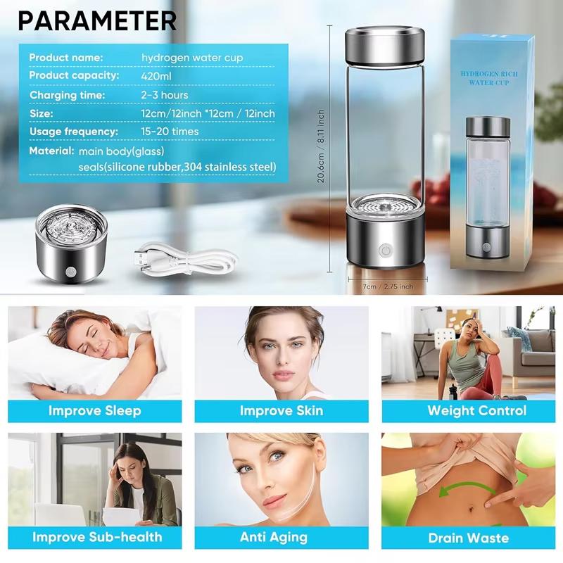 Electric Hydrogen Water Bottle Generator Outdoor Use PEM Technology Rich Water Ionizer Hydrogen-Rich Element Cup Hot Type