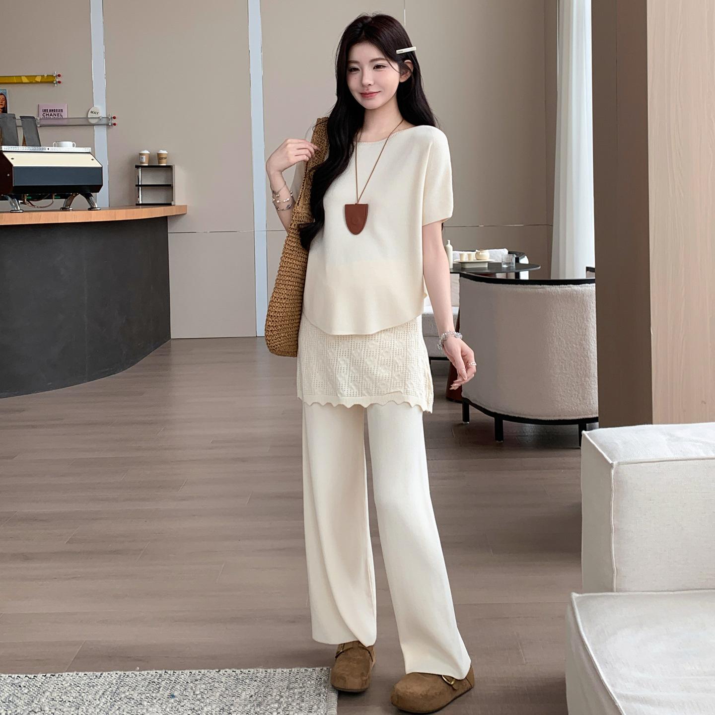 

2026 Summer Maternity Knit Batwing Sleeve Patchwork Skirt and Top Set - Korean Style Loose Fit XL брудно-білий