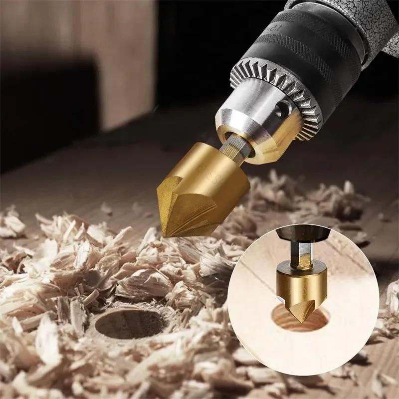 3/6pcs Countersink Drill Bit Set 1/4'' Hex Shank HSS 5 Flute Countersink 90 Degree Wood Chamfering Cutter Chamfer 6mm-19mm