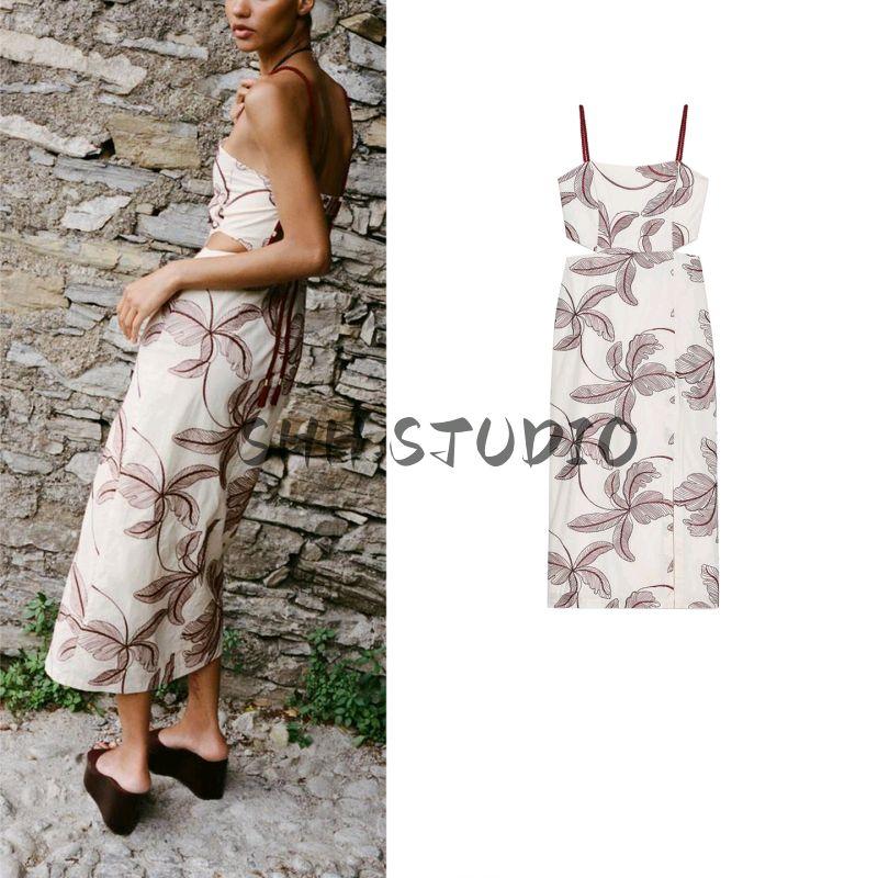 Summer New Product Women's Clothes French Straight-leg Collar Holiday Cut Out Embroider Open Back Midi Skirt Dress 8170901