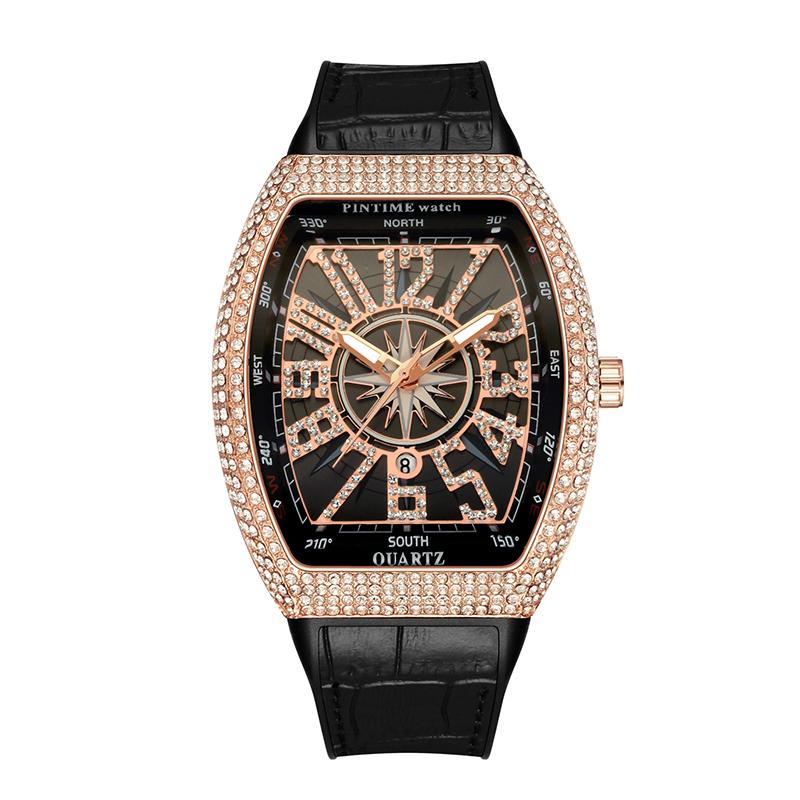PINTIME Men's Watches Luxury Tonneau Type Metal Shinning CZ Case Rubber Strap Fashion Quartz Wristwatch Male Clock Relogio Gifts