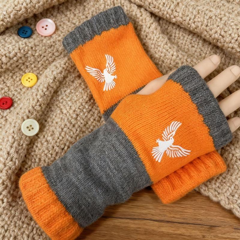 Gants en tricot sans doigts avec broderie de chat et patchwork, Gants décontractés ouverts aux doigts tendance pour femme, Mitaines chaudes d'hiver sans doigts