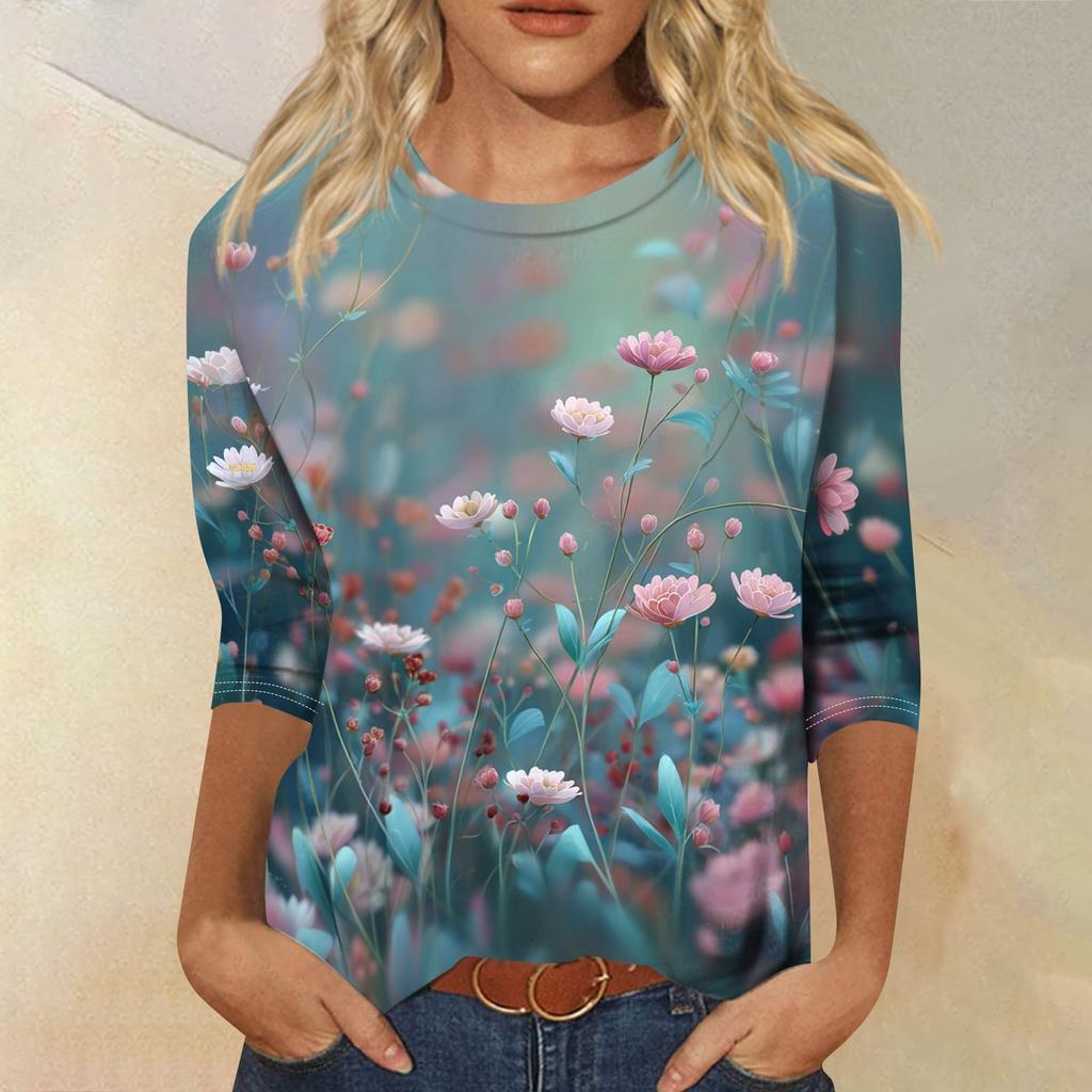Women's Casual Round Neck Three Quarter Sleeve T Shirt Autumn Print Lightweight Soft Fabric Comfortable Fit Relaxed Style