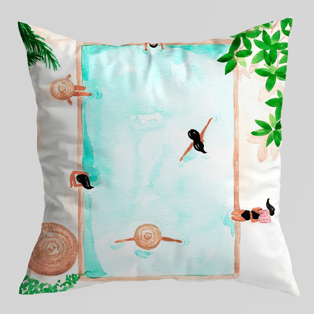 Abstract Green Plant Figures Seascape Pillow Cover Nordic Ink Painting Short Velvet Sofa Car Pillow Cushion Cover