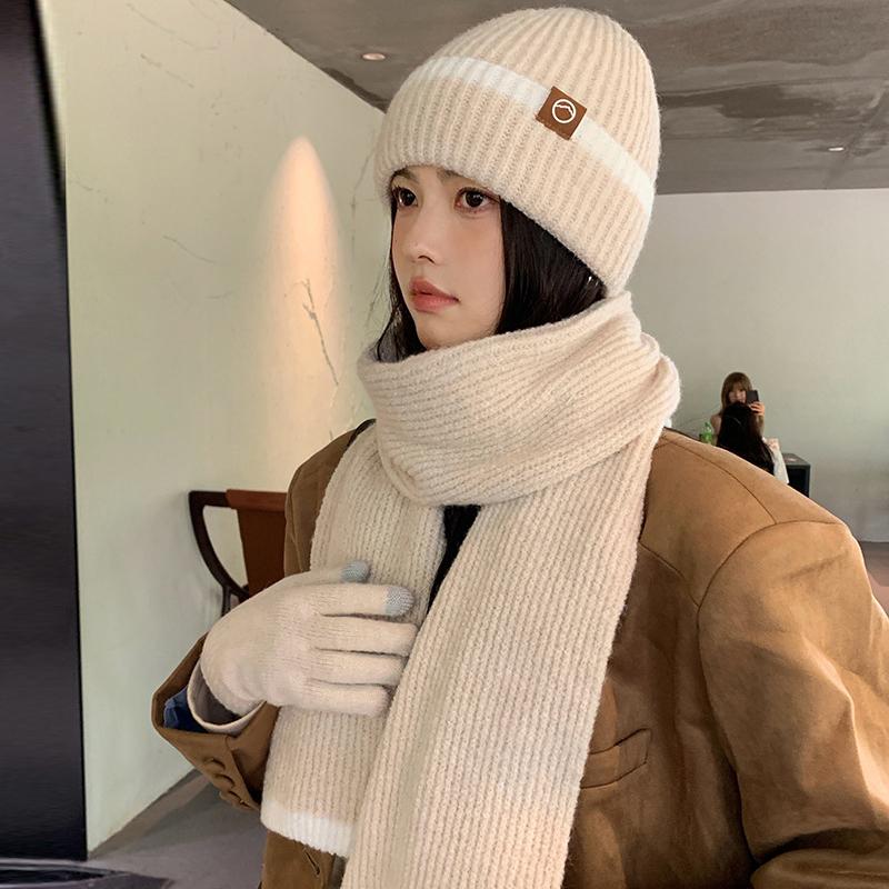 Vinterstrikket ullhatt Dame Kaldsikker Varm Hatt Skjerf Hansker Tredelt Ørebeskyttende Hatt