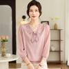 Spring V-neck Knit Top with Gauze Sleeves for Middle-aged and Elderly Women, Long-sleeved, Stylish, Age-Reducing Base Layer Set
