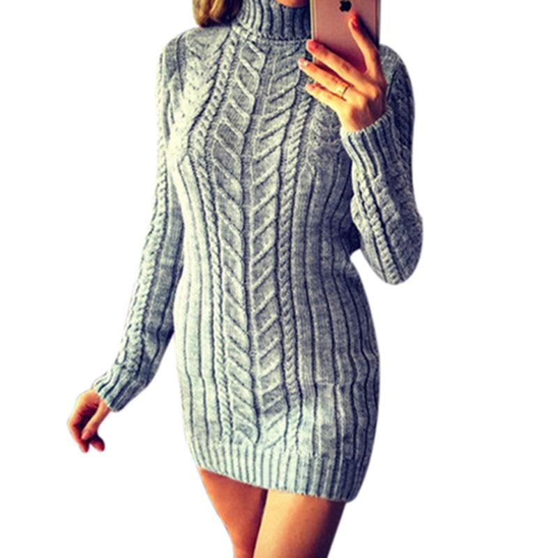 Winter And Autumn Fashion Long Sleeve High Collar Twist Slim Sweater Dress