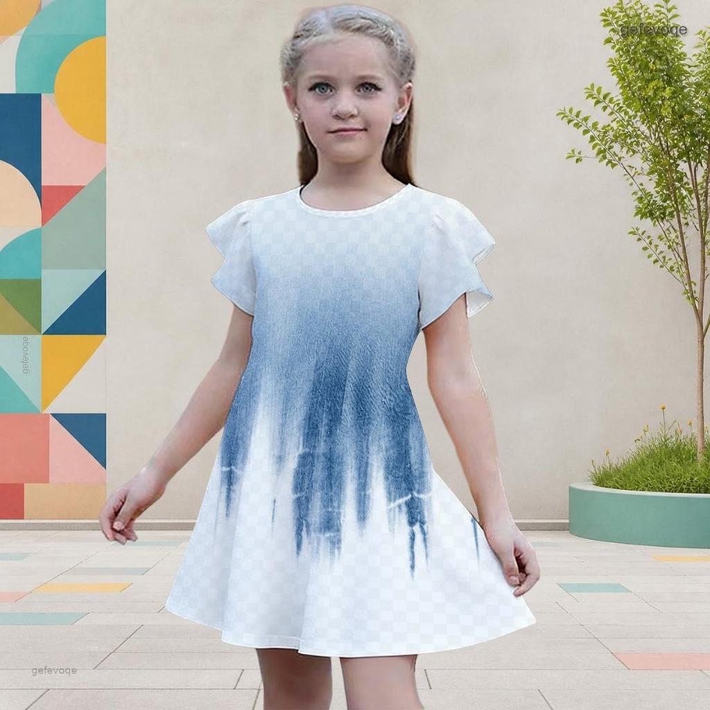 Girls Round Neck Flutter Sleeve Printed Tie Dye A Line Flared Dress