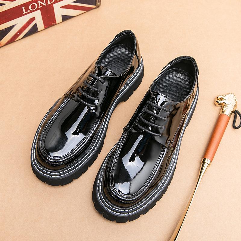 Men's Casual Leather Shoes Men's Round Head British Patent Leather Men's Shoes Business Black Platform Tooling Youth Casual Daily Wear