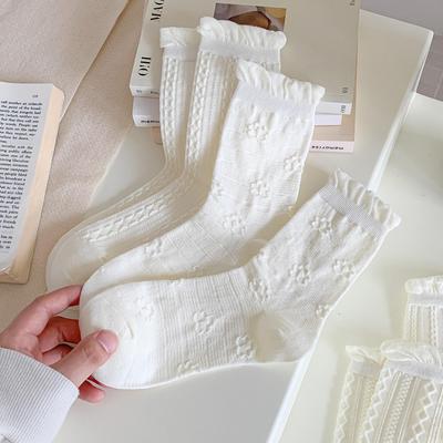 Damen Herbst Spitze Rüschen Ballett Socken - Einfach Weiß Atmungsaktiv Halbhoch Gerafft JK Stil.