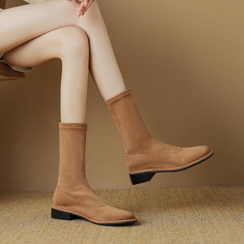 Autumn and winter comfortable suede elastic medium boots women's rubber soles square heel leather boots square head Korean version of the new knig