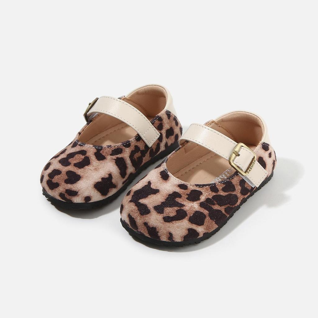 Spring 2026 Girls' Leopard Print Soft Sole Leather Flats - Korean Style Non-Slip Princess Shoes