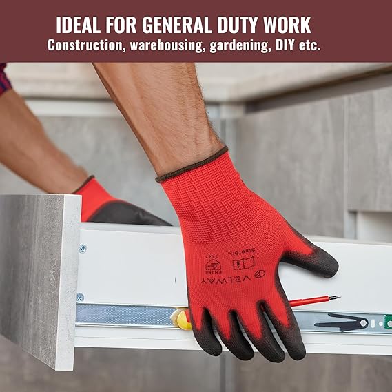 Rękawice Robocze Bezpieczeństwa Pokryte PU - 12 Par, Czerwone Rękawice Dziane Bezszwowe z Gładkim Chwytem Pokrytym Poliuretanem, dla Mężczyzn i Kobiet, Idealne do Prac Ogólnego Zastosowania.