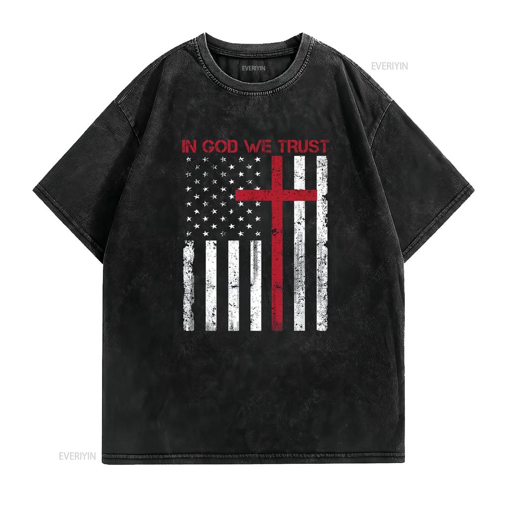 In God We Trust with Patriotic Vintage American Flag T Shirt Vintage Washed Designer Clothes Comfortable Stretched Unisex