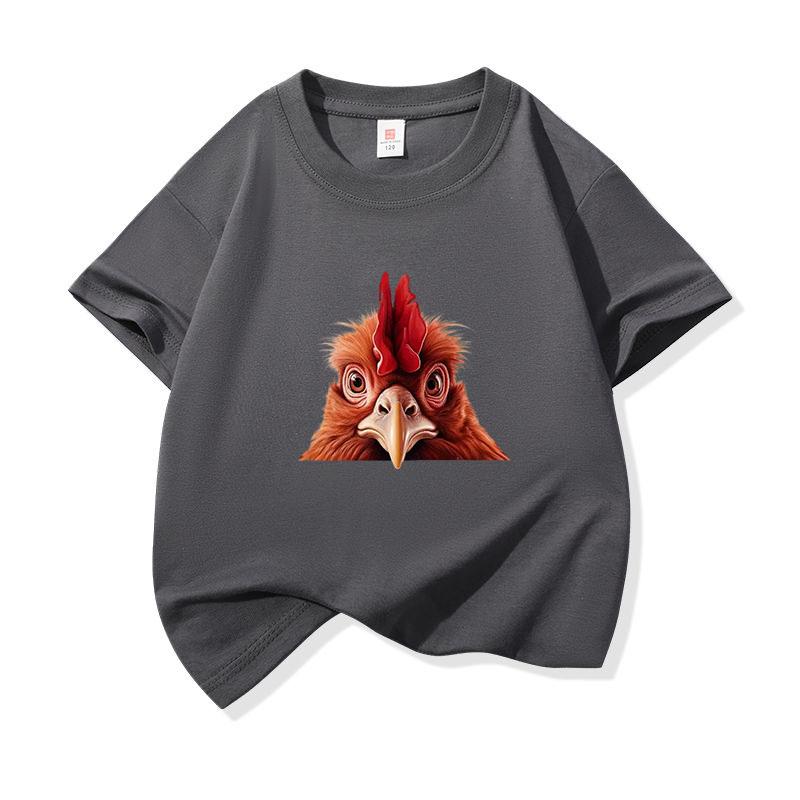 Kids Cotton T Shirt Cute Peeking Chicken Print Crew Neck Short Sleeve Tee Casual Breathable Boys Girls Summer Tops