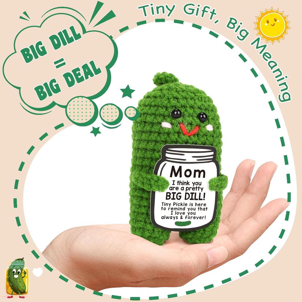 Funny Crochet Positive Pickle Plush Dolls with Card Mothers Day Gift for Mom from Daughter or Son Handmade Knitted Pickle Doll