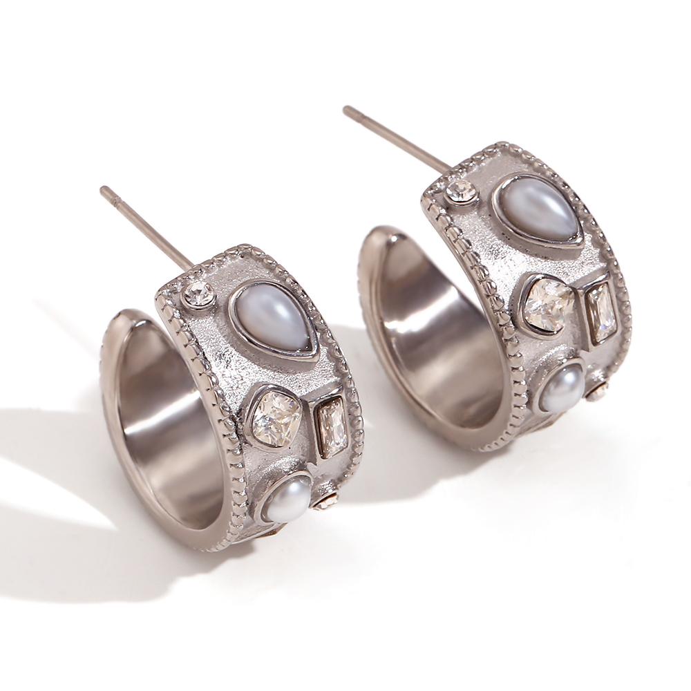 C-shaped Hoop Earrings with Pearl Geometric Rhinestone Silver Color 316L Stainless Steel Accessories Gold Plated Jewelry серебряный