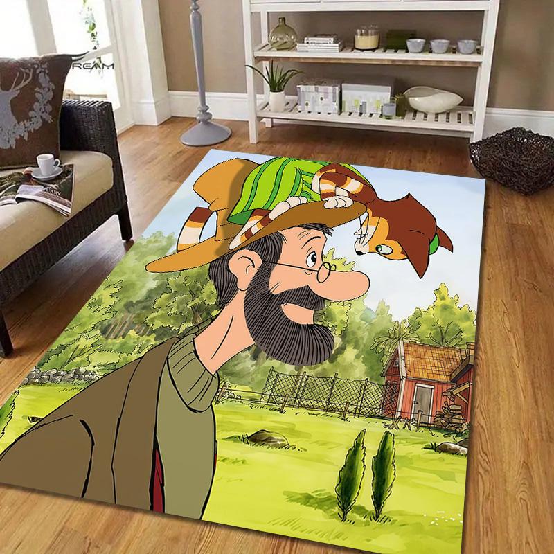 Pettson and Findus Flannel Pattern Square Carpet,Area Rug,Carpet Rug for Living Room Bedroom Sofa Playroom Decor,Non-slip Floor Mat