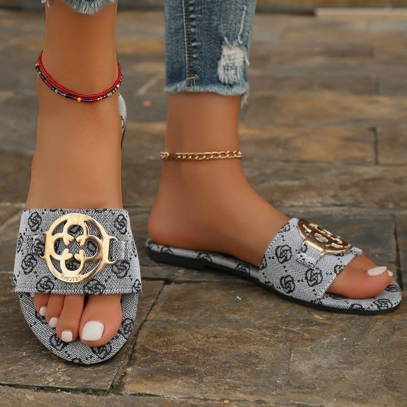 

Большого размера шлепанцы с плоской подошвой, вышивкой одним словом, металлической пряжкой, женские, легкие пляжные сандалии, шлепанцы 36