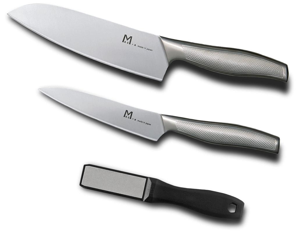 Edelstahl Messerset Petty mit Diamantschärfer 3 Teile Hergestellt in Japan MAC+a (Santoku & Messer) - -