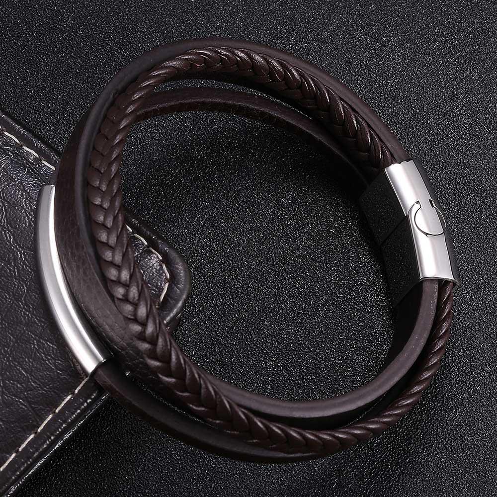 Men's Trendy Stainless Steel Multilayer Leather Magnetic Buckle Bracelet