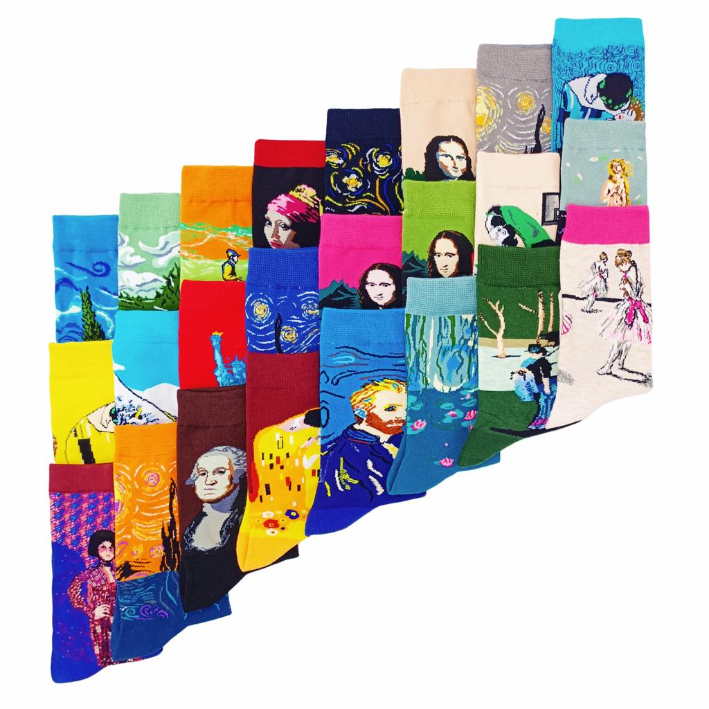 1 pair of European and American trendy socks with personalized street fashion oil painting series socks