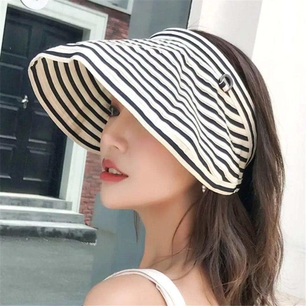 Foldable Stripe Empty Top Hat Wide Brim Striped Headband Fashion Sun Protection Cap Beach Holiday