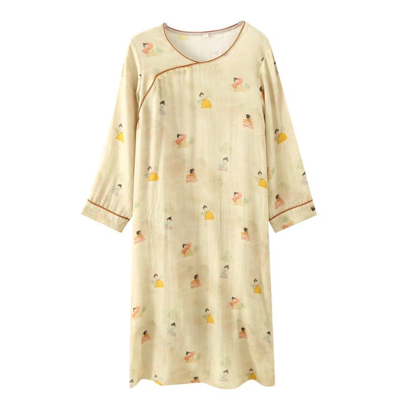 Women's Long-sleeved Chinese National Style Cotton Nightgowns for Women Spring / Summer Thin Bamboo Cotton Double-layer Gauze Nightdress