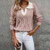 Women's Fashion Lapel Long Sleeve Contrast Color Knitted Sweater