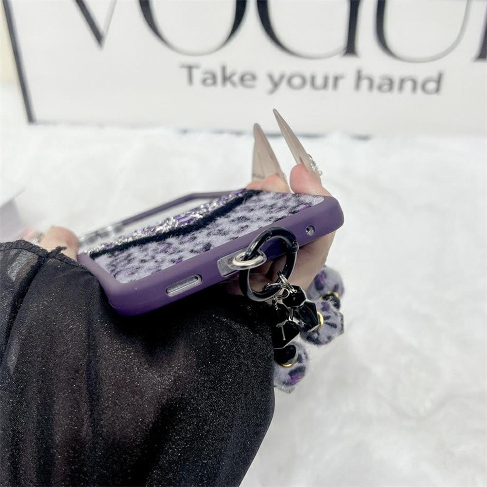 For Samsung Galaxy Z Flip7 5G Case Stone Decor Glitter Leopard Splicing Plush PC Phone Cover with Hand Chain