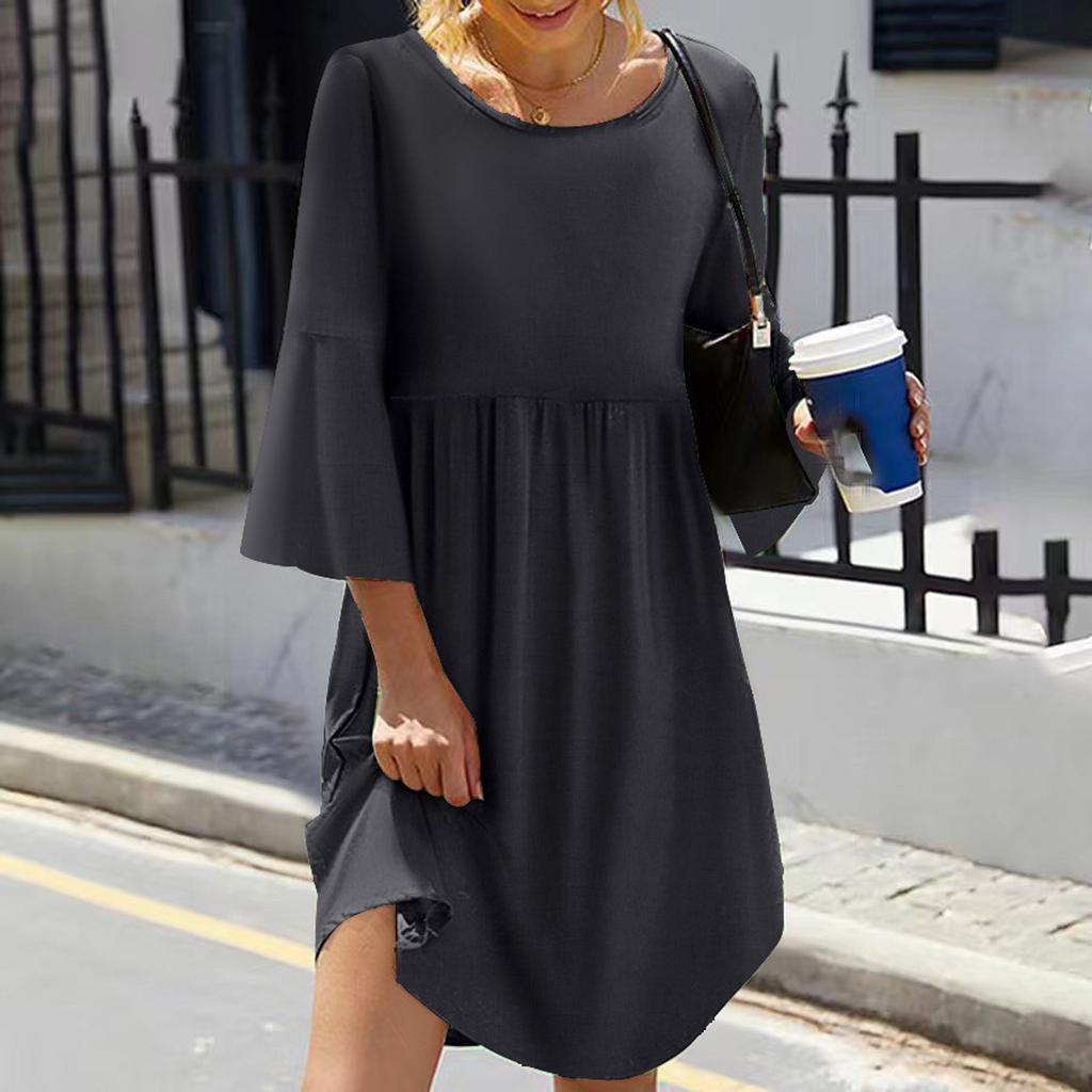 Women's Color Round Neck Seven-Part Sleeve Sub Bohemian Dress