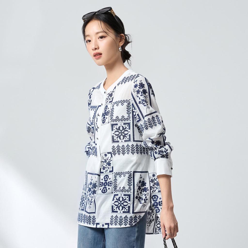 Ink Wash Silk Retro Print Shirt - Spring Slimming Henley Collar Cardigan Top