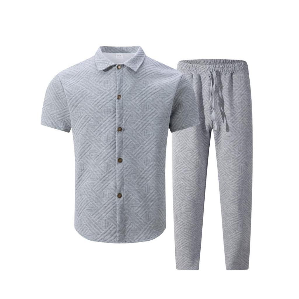 Men's Summer Solid Color Jacquard Lapel Cardigan & Long Pants Two-Piece Set